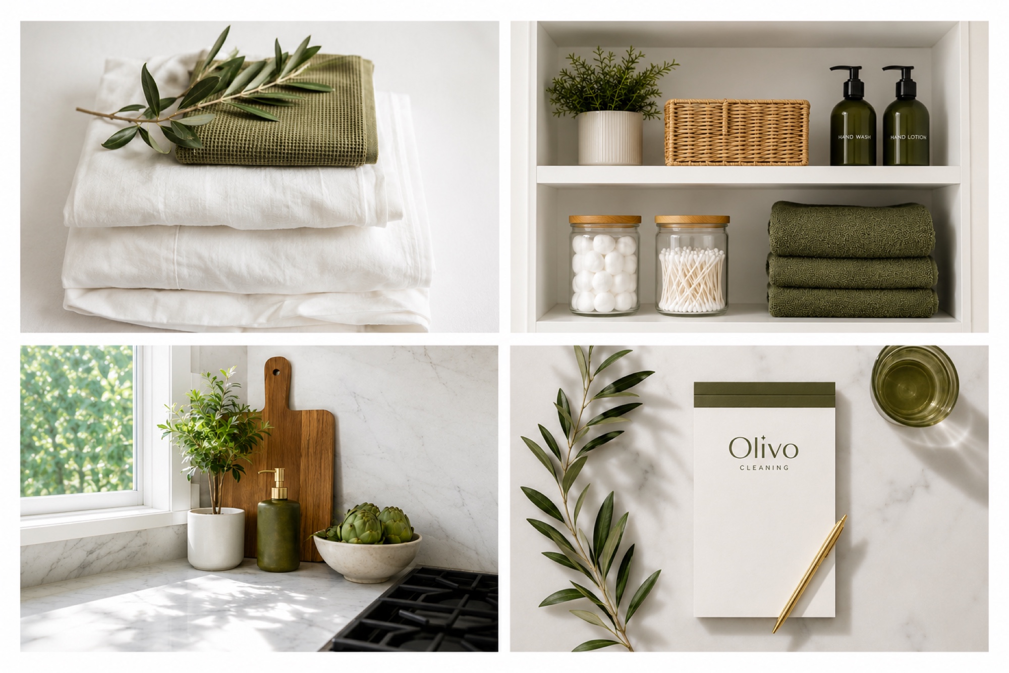 Olivo Cleaning details: fresh folded linens, styled shelves, a tidy kitchen, and the Olivo Cleaning notepad