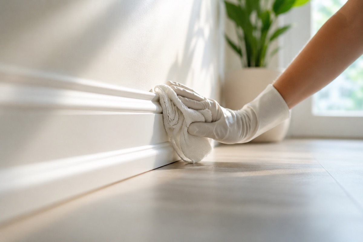Olivo Cleaning team member detailing a baseboard by hand